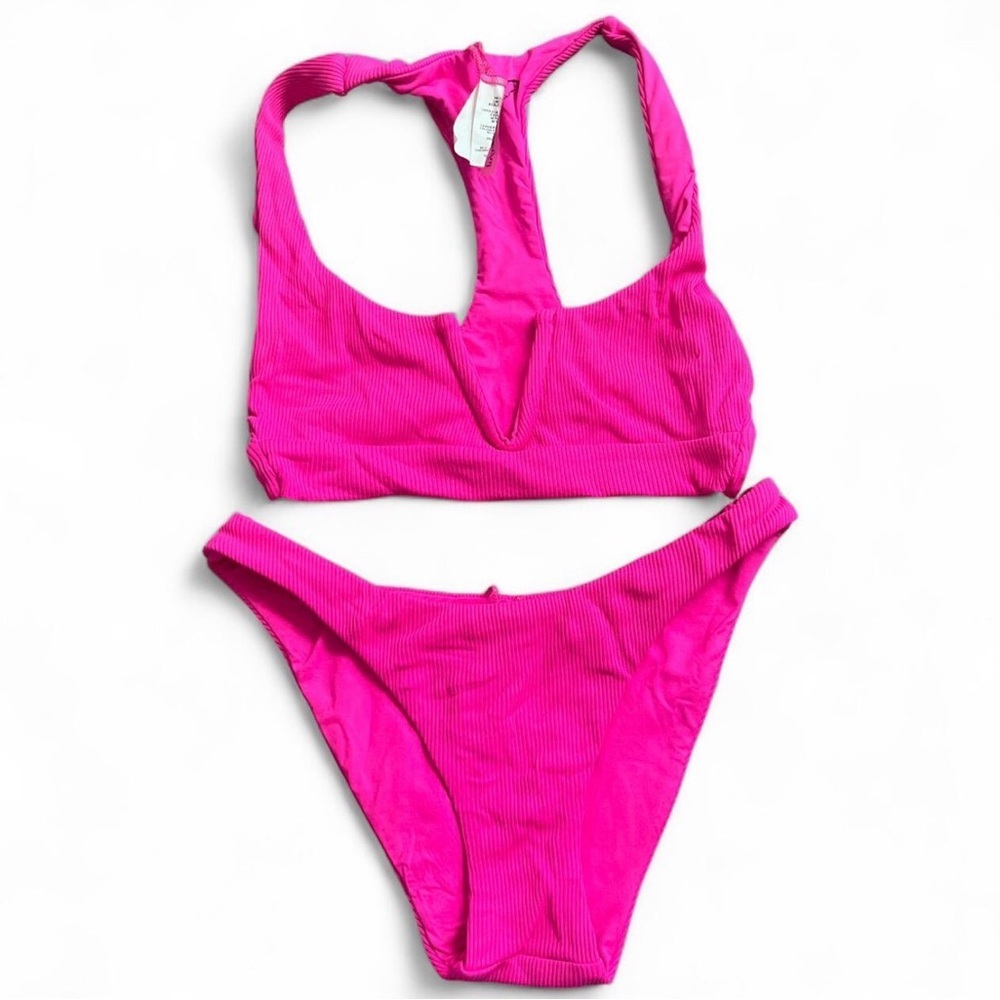 Frankie's Bikinis Hot Pink Ribbed V-Neck Bikini Set
